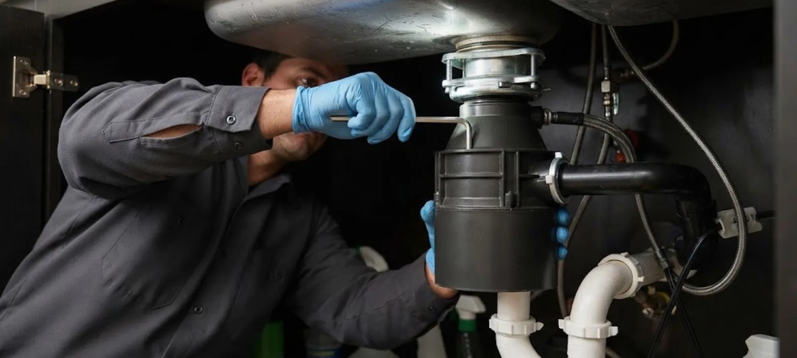 Technician installing a garbage disposal under a kitchen sink