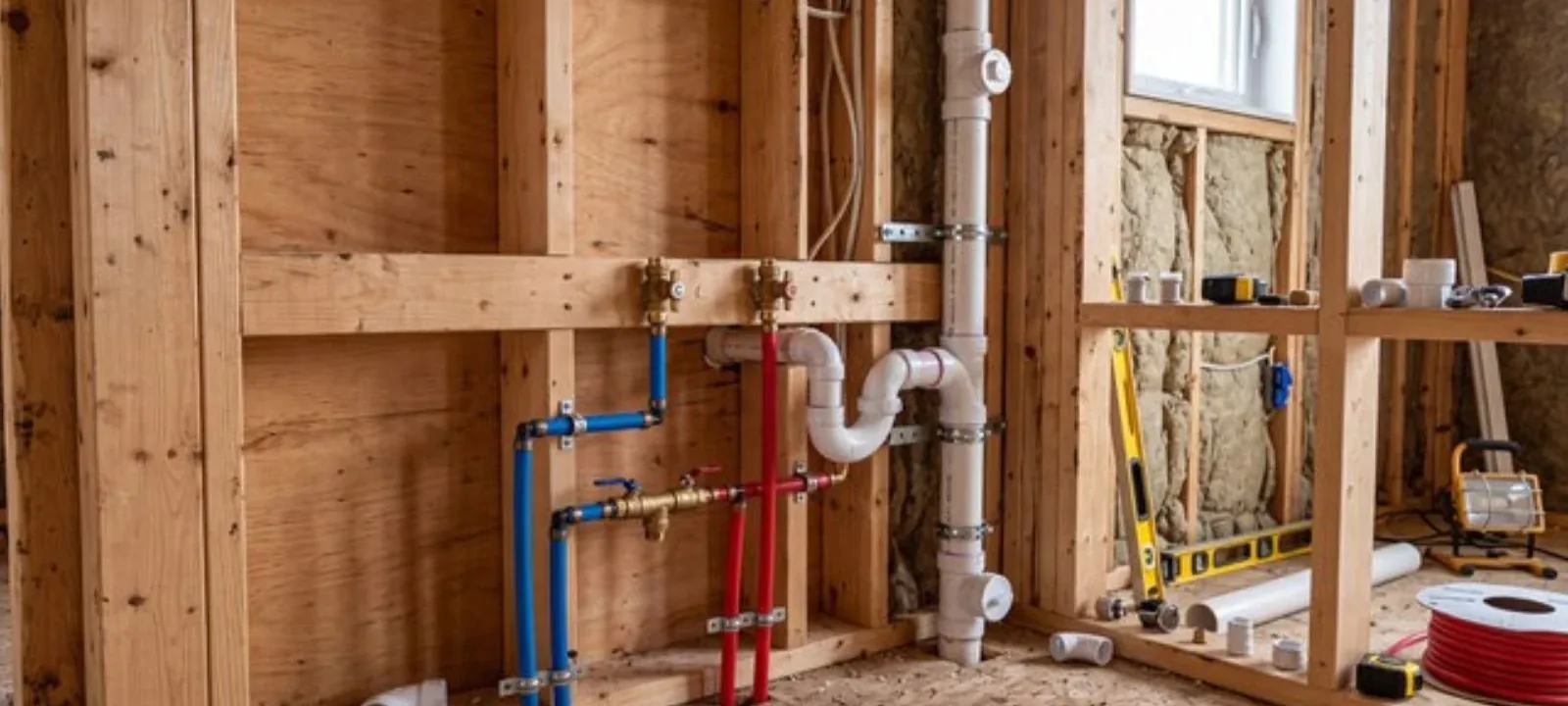 Bathroom rough-in plumbing with supply lines and drain pipes in an open wall