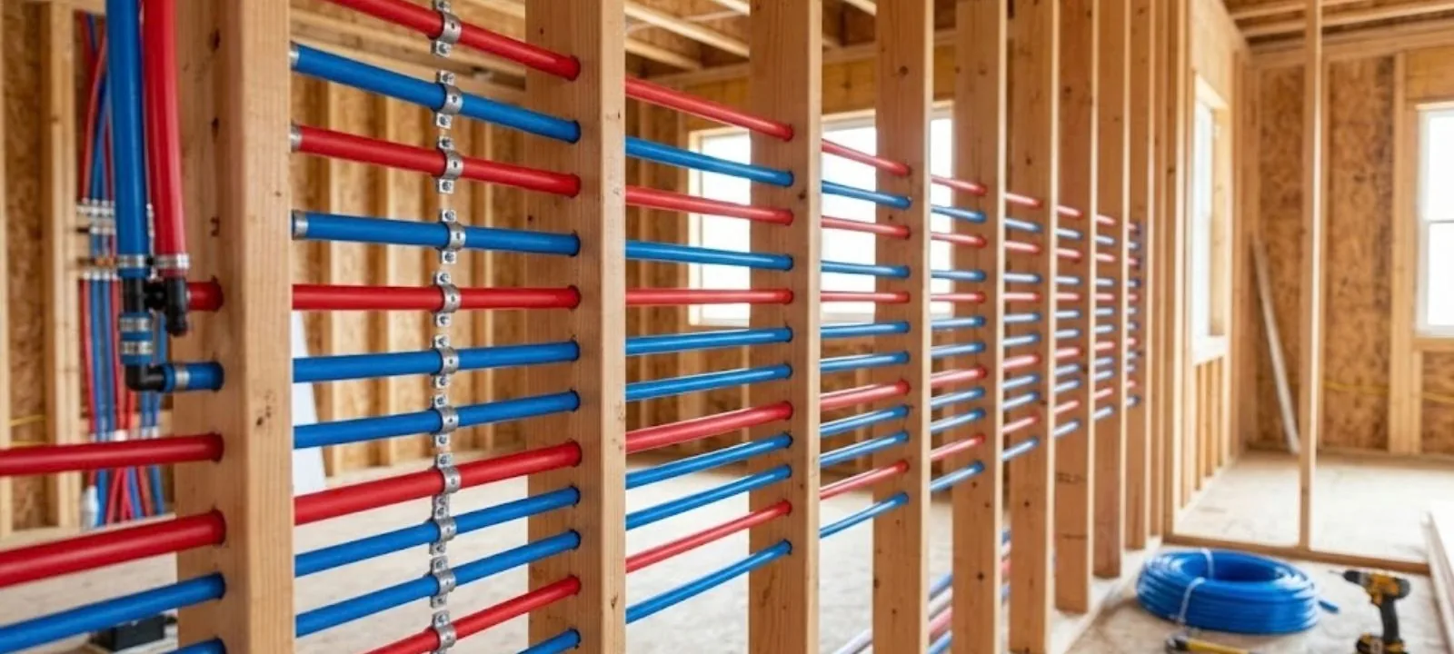 Red and blue PEX supply lines run through open wall studs