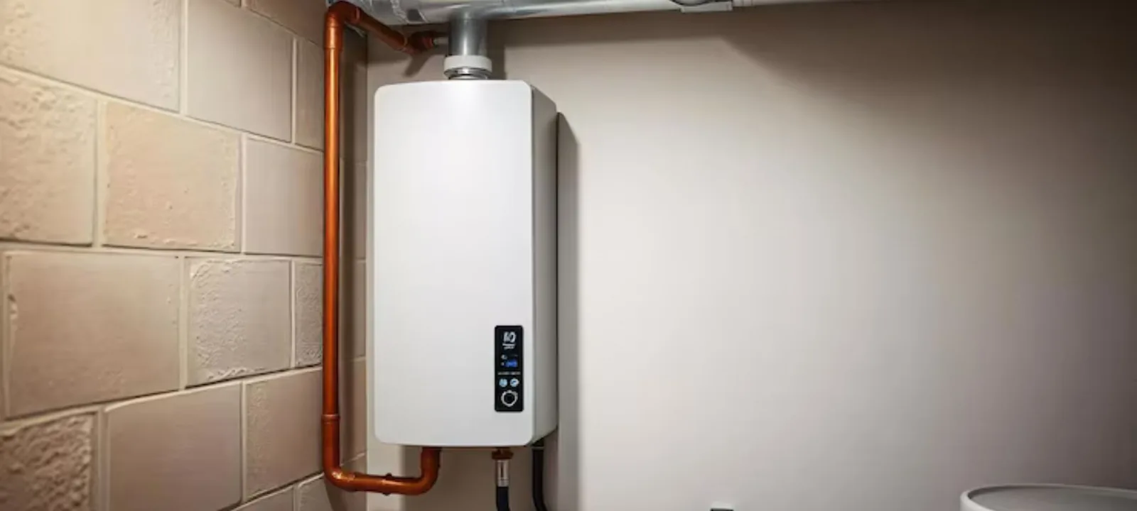 Wall-mounted tankless water heater with copper piping in a basement