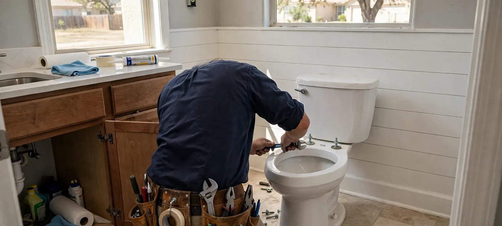 Plumber working on a toilet in a bathroom