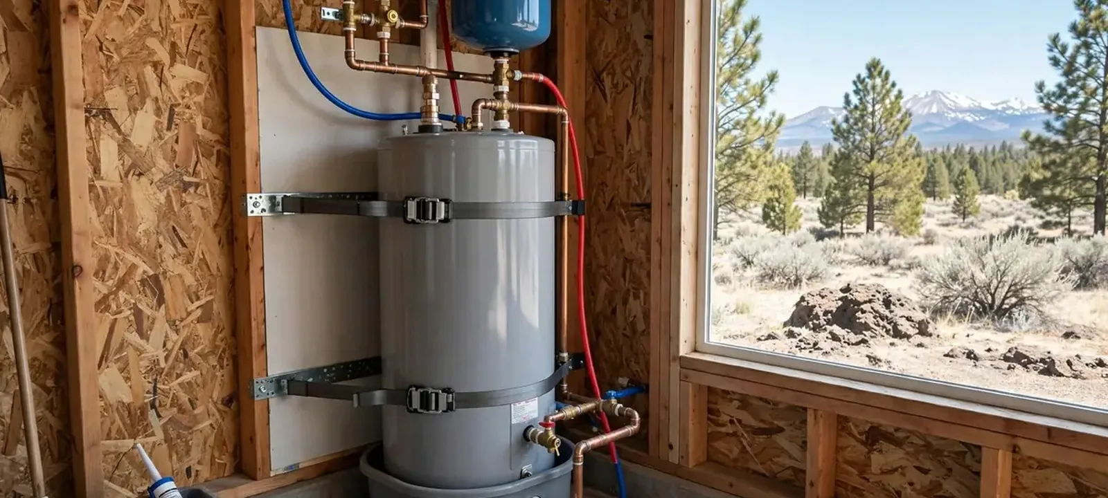 Newly installed tank water heater strapped to a framed wall with a drain pan