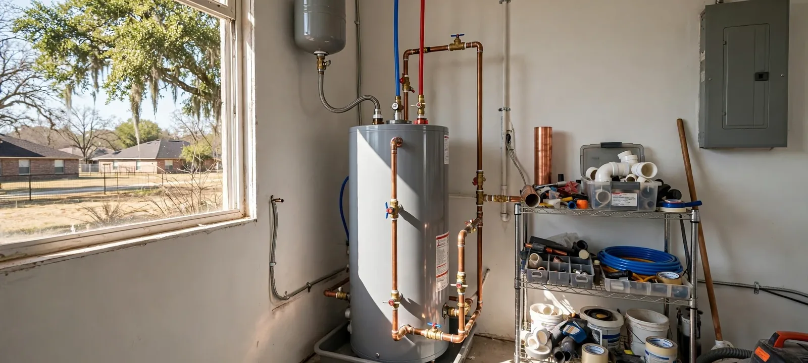 Tank water heater with copper lines and an expansion tank in a utility room